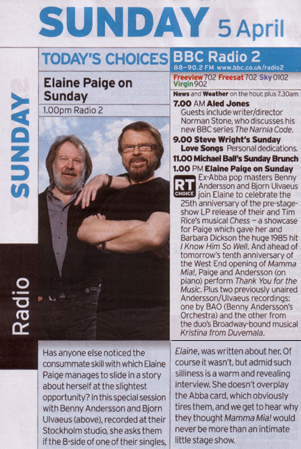 Radiosendung mit Elaine Paige am 5. April auf BBC2 Radiosendung mit Elaine Paige am 5. April auf BBC2